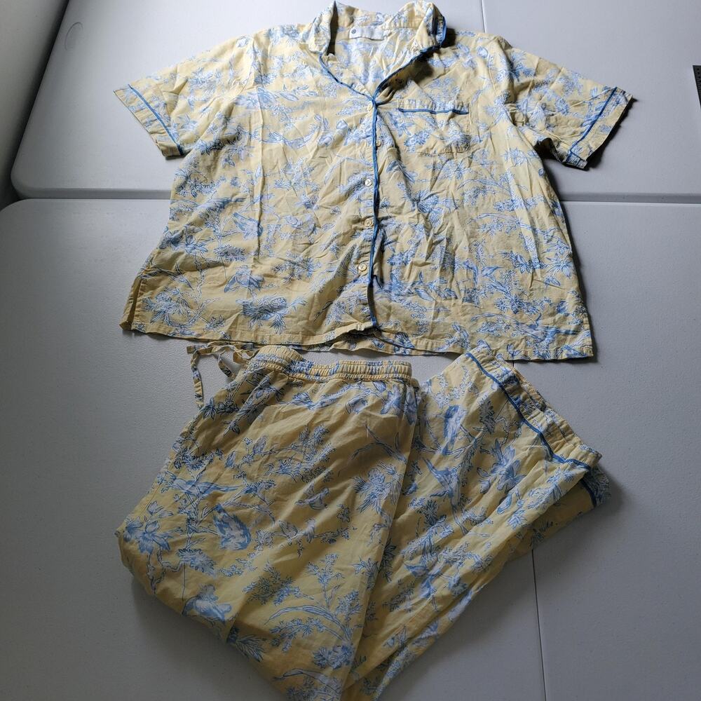 Ella Simone Pajama Set Womens 1X Yellow Bird Floral Capri Pants Button Top